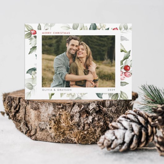 Minimale moderne waterverf vakantie hulst foto feestdagenkaart