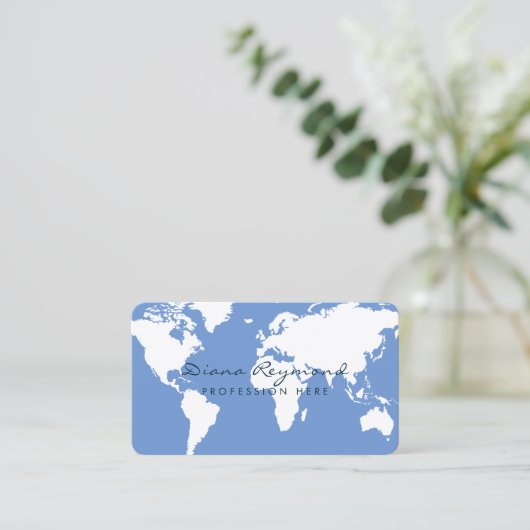 Minimale moderne wereldkaart op blauw visitekaartje (Staand voorkant)