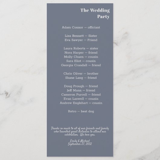 Minimale moderne zachte, blauwe lavendel Typografi Programmakaart (Achterkant)