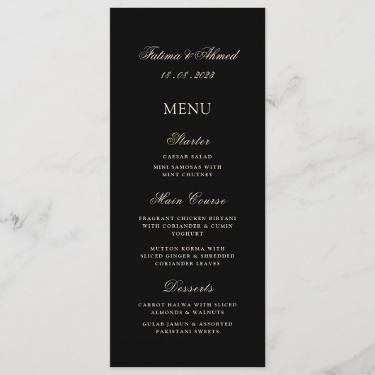 Minimale Moderne Zwart Goud Moslim Trouwtafel Menu (Voorkant)