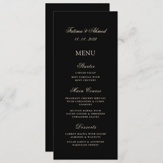 Minimale Moderne Zwart Goud Moslim Trouwtafel Menu (Voorkant / Achterkant)