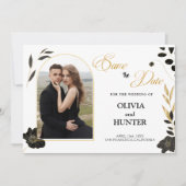 Minimale Moderne Zwart-wit, Gouden Bloemen Foto Save The Date (Voorkant)