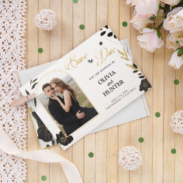 Minimale Moderne Zwart-wit, Gouden Bloemen Foto Save The Date