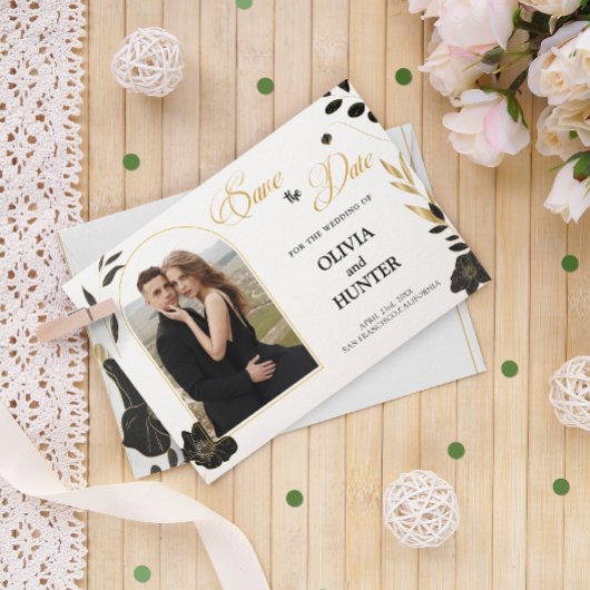 Minimale Moderne Zwart-wit, Gouden Bloemen Foto Save The Date