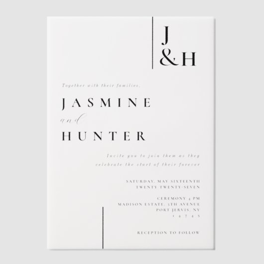 Minimale moderne zwart-wit monogram bruiloft vellum uitnodigingen (Voorkant)