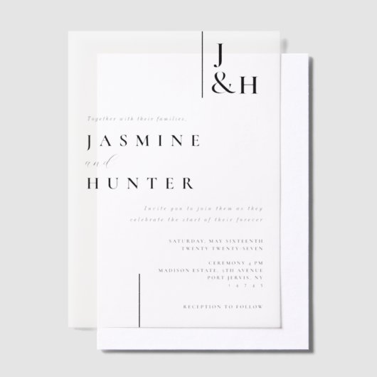 Minimale moderne zwart-wit monogram bruiloft vellum uitnodigingen (Offset)