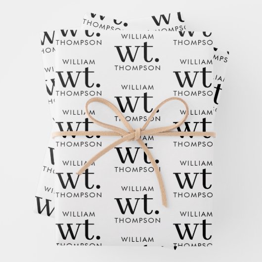 Minimale Moderne Zwart-wit Monogrammed Naam Inpakpapier Vel (In situ)