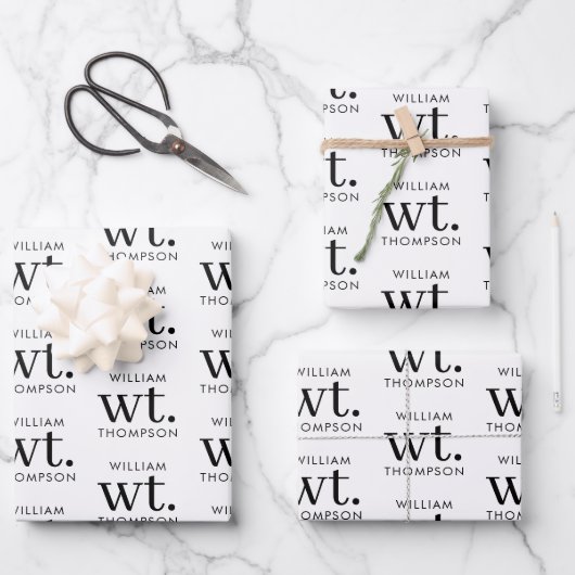Minimale Moderne Zwart-wit Monogrammed Naam Inpakpapier Vel (Voorkant)