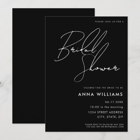 Minimale moderne zwarte-bridale Shower-uitnodiging Kaart (Voorkant / Achterkant)