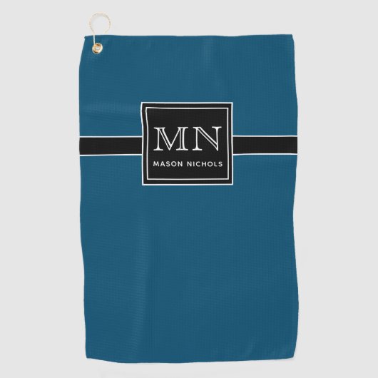 Minimale, moderne zwarte en Blauwgroen monogrammen Golfhanddoek (Voorkant)