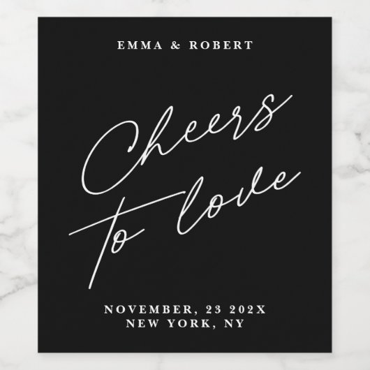 Minimale moderne zwarte juichen om van trouwen te  wijn etiket (Enkel label)