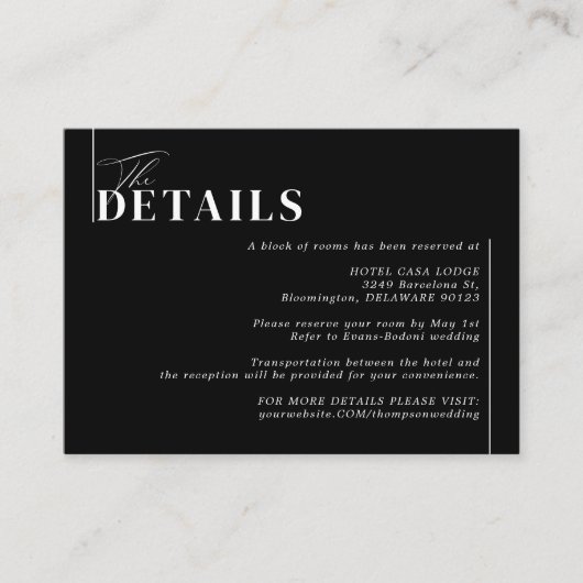 Minimale moderne zwarte Moody Wedding Details Informatiekaartje (Voorkant)