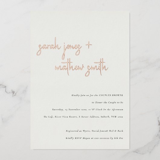 Minimale moderne zwarte witte-Script-paar Folie Uitnodiging (Voorkant)