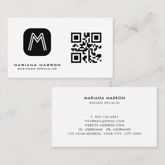 Minimale Monogram Aangepaste QR-code Basic Visitekaartje (Voorkant / Achterkant)
