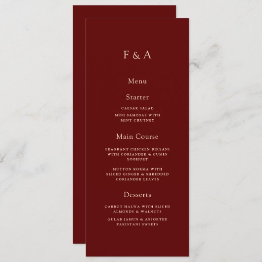 Minimale Monogram Bourgondische Moslim Trouwtafel Menu (Voorkant / Achterkant)