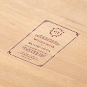 Minimale Monogram Crest Lijst Bourgondische bruilo Acryl Uitnodigingen (Laagn)