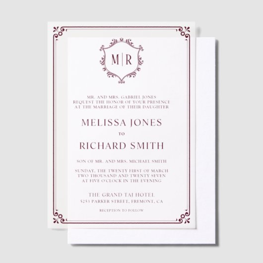 Minimale Monogram Crest Lijst Bourgondische bruilo Vellum Uitnodigingen (Offset)