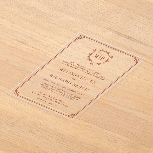 Minimale Monogram Crest Lijst Terracotta bruiloft Acryl Uitnodigingen (Laagn)