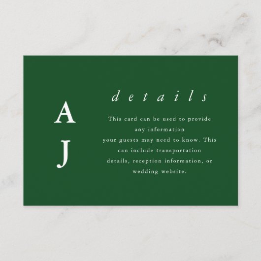Minimale Monogram Emerald Green Wedding Detail Informatiekaartje (Voorkant)