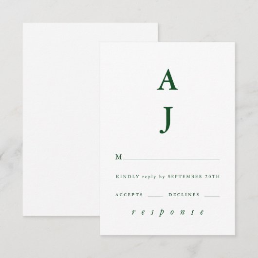 Minimale Monogram Emerald Green Wedding RSVP Kaartje (Voorkant / Achterkant)