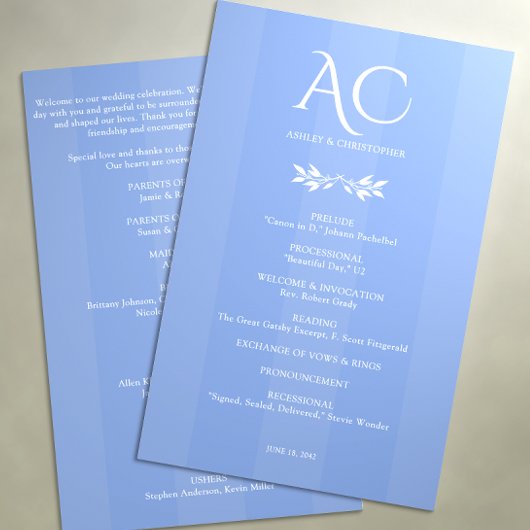 Minimale Monogram Gestreepte Cornflower Blauwe Huw Programmakaart