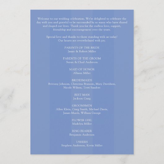 Minimale Monogram Gestreepte Cornflower Blauwe Huw Programmakaart (Achterkant)