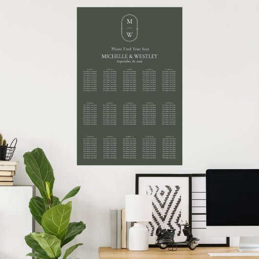 Minimale Monogram Mos Groene Bruiloft Zitting Graf Poster (Thuiskantoor)