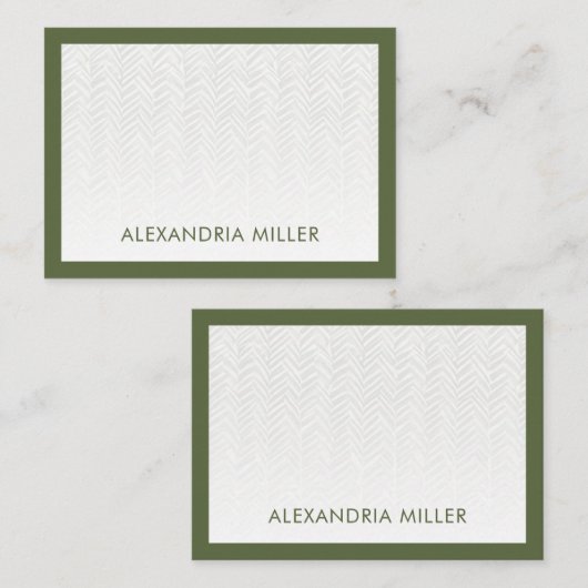 Minimale monogram naam Herringbone Olive Notitiekaartje (Voorkant / Achterkant)