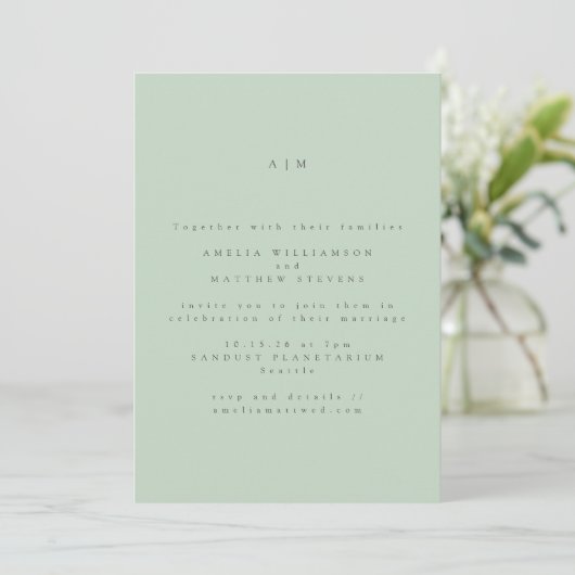 Minimale monogram pasta Mint Pistachio Wedding Kaart (Staand voorkant)