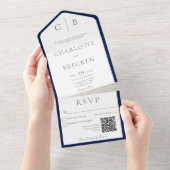 Minimale monogram QR-code voor Navy Blue en White All In One Uitnodiging (Afscheurbaar)