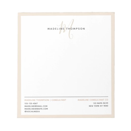 Minimale Monogram Romige Zand Letterhead Business Notitieblok (Voorkant)