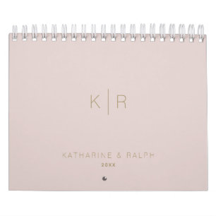 Minimale monogram roze beige Pas getrouwd Foto Kalender