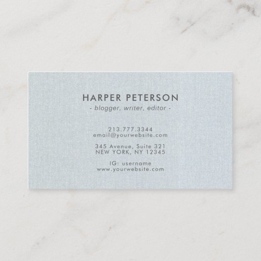 Minimale monogram Simple Blue Grey Linen Modern Visitekaartje (Achterkant)