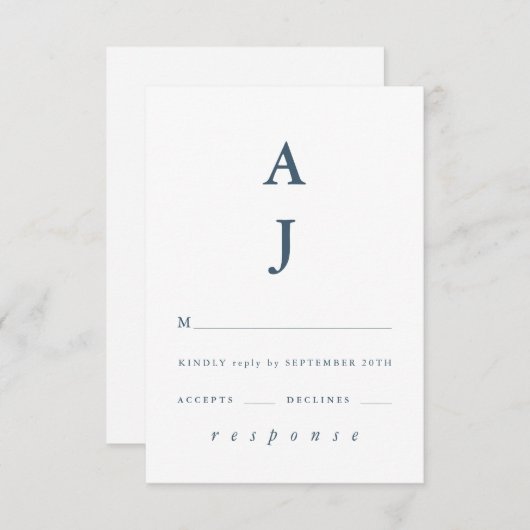 Minimale Monogram Stusty Blue Wedding RSVP Kaartje (Voorkant / Achterkant)