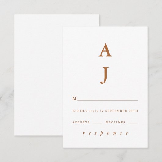 Minimale Monogram Terracotta Wedding RSVP Kaartje (Voorkant / Achterkant)