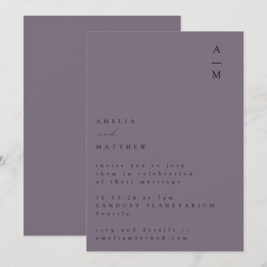 Minimale monogram Trendy Chic Dusty Paars Wedding Kaart (Voorkant / Achterkant)