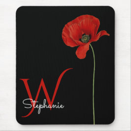 Minimale monogrammed Red Poppy op zwart Muismat