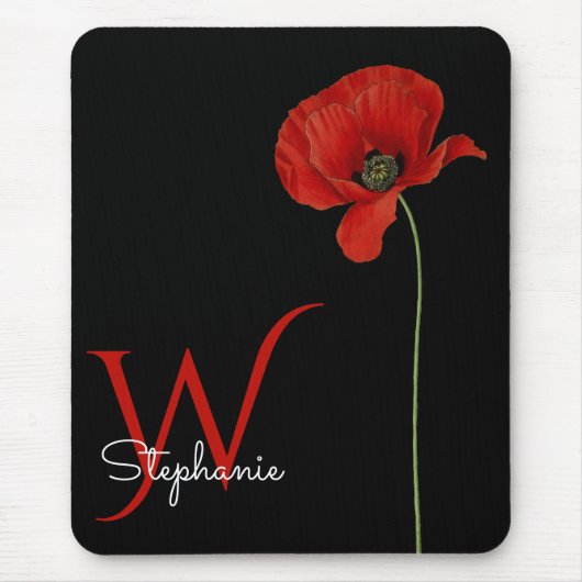 Minimale monogrammed Red Poppy op zwart Muismat (Voorkant)