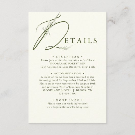 Minimale Mos Groene Bloemen Monogram Bruiloft Deta Informatiekaartje (Voorkant)