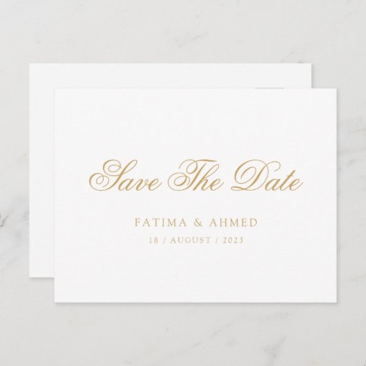 Minimale Moslim Wit Goud Script Save The Date Aankondigingskaart (Voorkant / Achterkant)