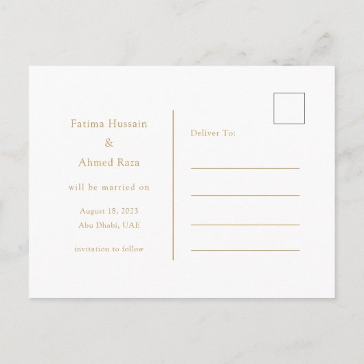 Minimale Moslim Wit Goud Script Save The Date Aankondigingskaart (Achterkant)