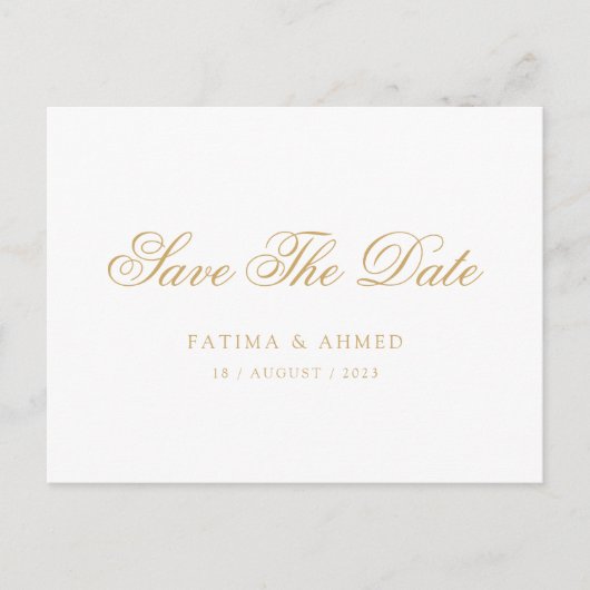 Minimale Moslim Wit Goud Script Save The Date Aankondigingskaart (Voorkant)