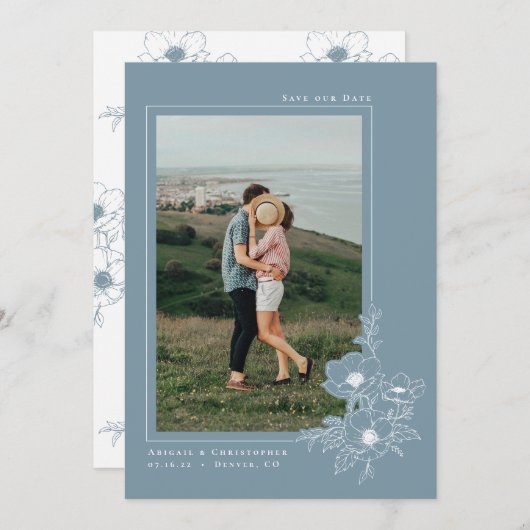 Minimale mosterdblauw Anemone-kunst Save The Date (Voorkant / Achterkant)