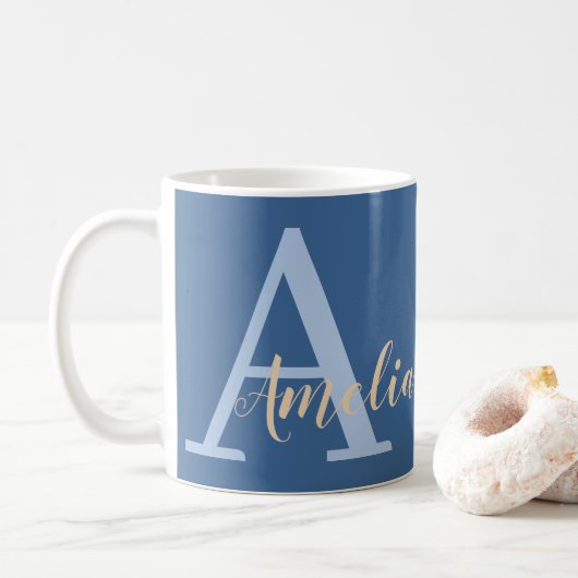 Minimale naam monogram blauw koffiemok (Met donut)