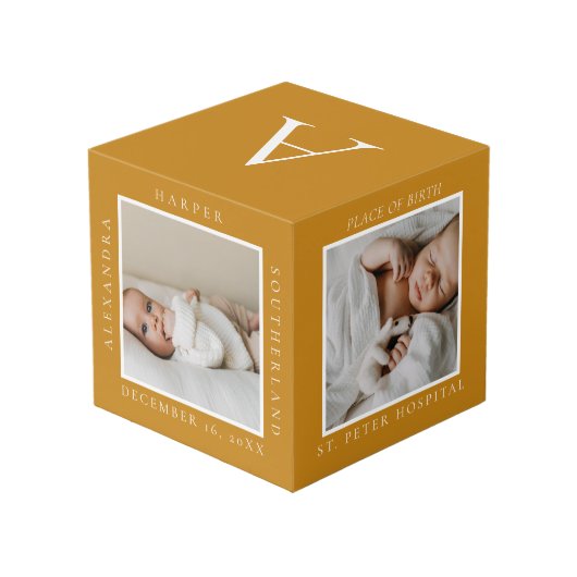 Minimale naam van Baby en geboorte — Fototoetsenbo Kubus (Achter hoekig)