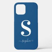 Minimale naam wit monogram grijs script op blauw Case-Mate iPhone case (Achterkant)