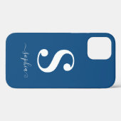 Minimale naam wit monogram grijs script op blauw Case-Mate iPhone case (Achterkant (horizontaal))