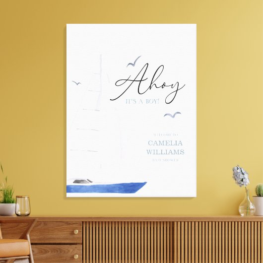 Minimale Nautical Sailboat Baby shower Ahoy Boy's Canvas Afdruk (Insitu (Woonkamer))