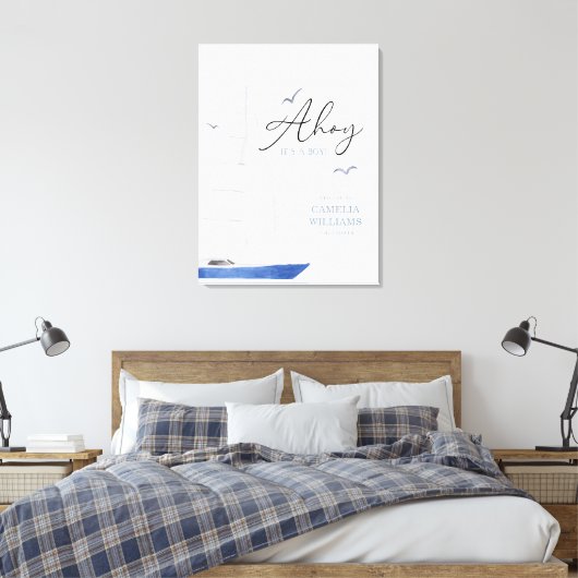 Minimale Nautical Sailboat Baby shower Ahoy Boy's Canvas Afdruk (Insitu (Slaapkamer))