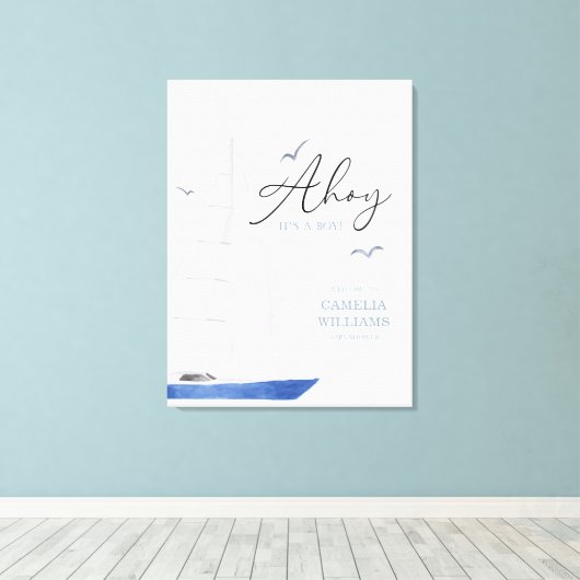 Minimale Nautical Sailboat Baby shower Ahoy Boy's Canvas Afdruk (Insitu (Houten vloer))